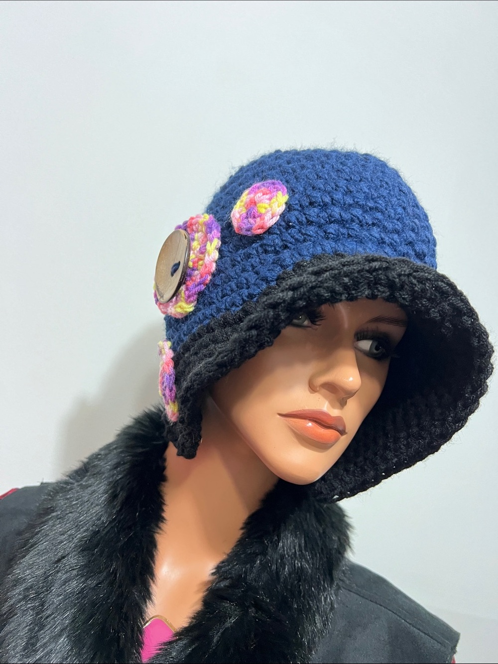 Blue and Black Crochet Cloche Hat with Colorful Button Accents